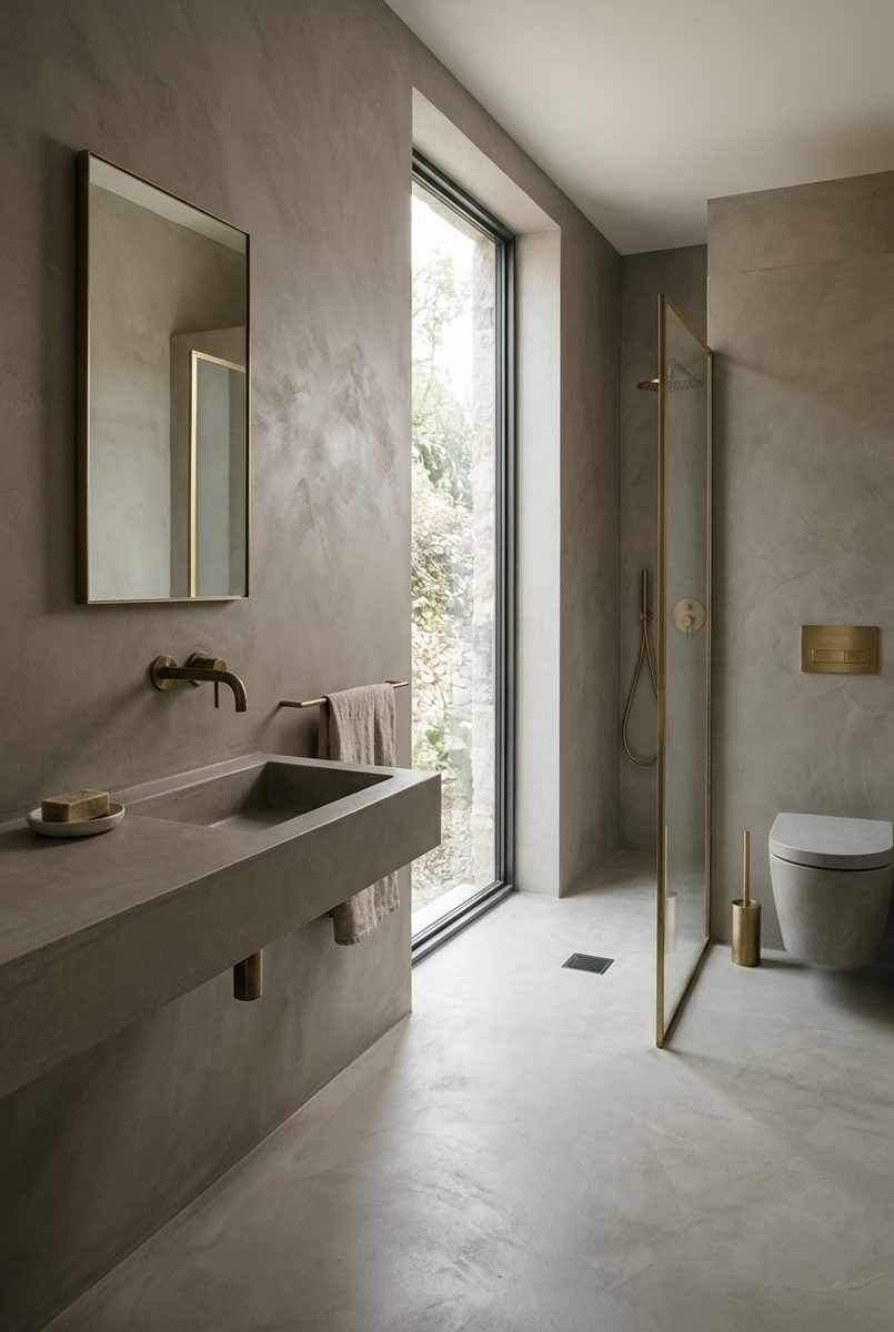 Seamless microcement bathroom with integrated basin