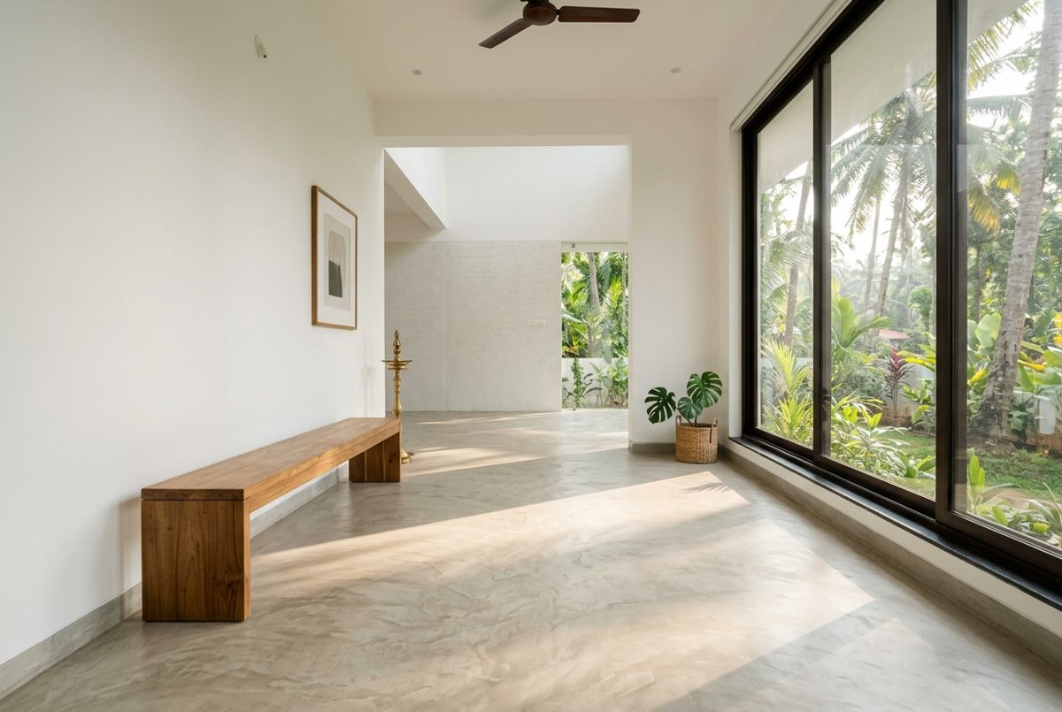 Polished microcement floor in a sunlit living room